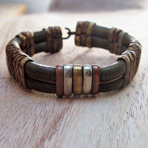 Vintage Jewelry - Vintage Tribal -Boho Leather Brass Copper Bracelet